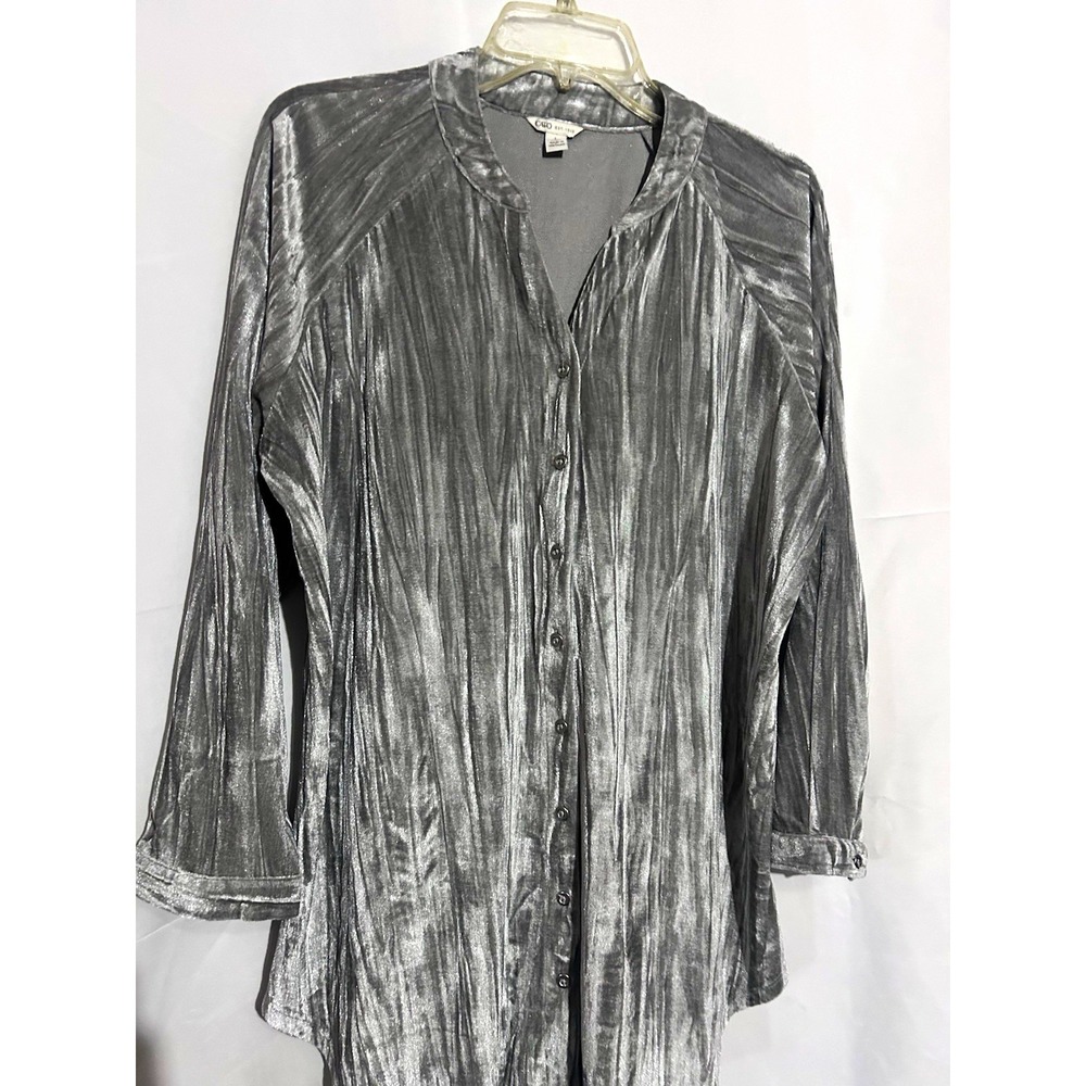 Cato Silver Gray Velour V-Neck Button Front 3/4 Sleeve Blouse Women's L